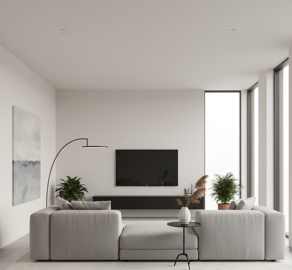 Proyecto de salón minimalista con madera cálida