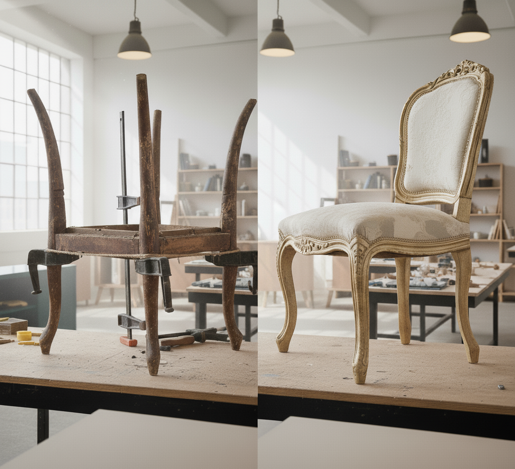 Silla restaurada: refuerzo de estructura y acabado de poro abierto